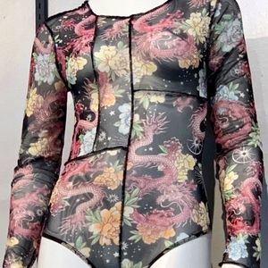 Rue 21 Black and Pink Mesh Floral Dragon Bodysuit Size XL